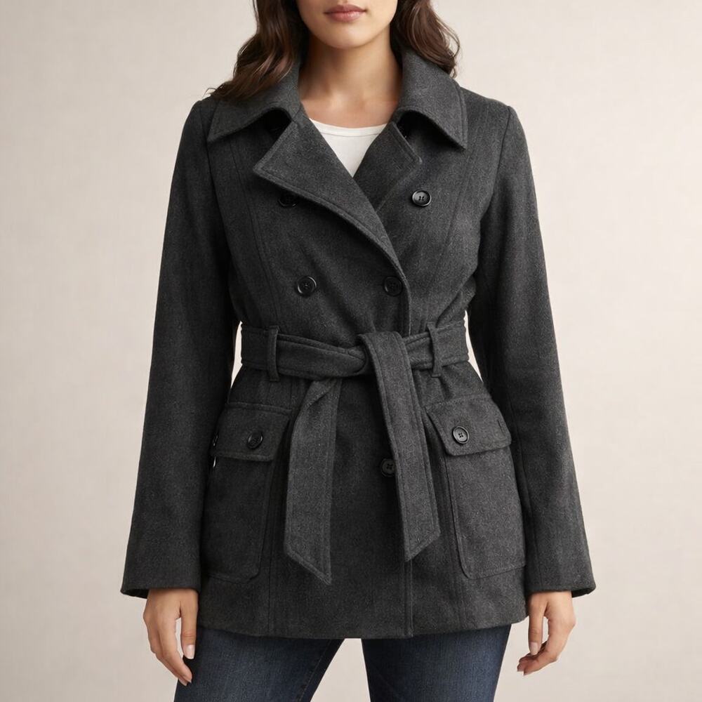 NEW York & Company Pea coat Gray Size Medium Belted and Double Breasted